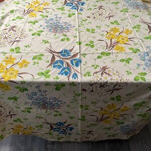 Vintage Floral Oval Tablecloth Yellow Blue White Flower Print Table Cover 102x68